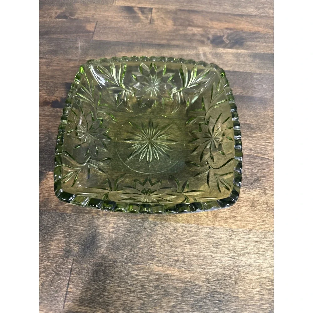 Vintage Hazel Atlas Green Glass Starburst Square‎ Dish Ashtray